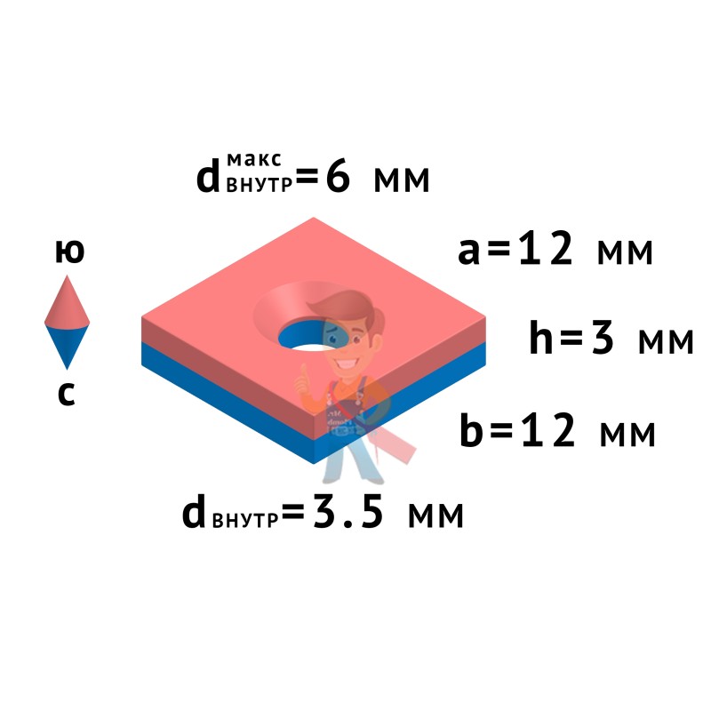 Неодимовый магнит прямоугольник 12х12х3 мм с зенковкой 3.5/6 мм - фото 5