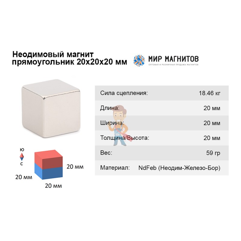 Неодимовый магнит прямоугольник 20х20х20 мм - фото 6