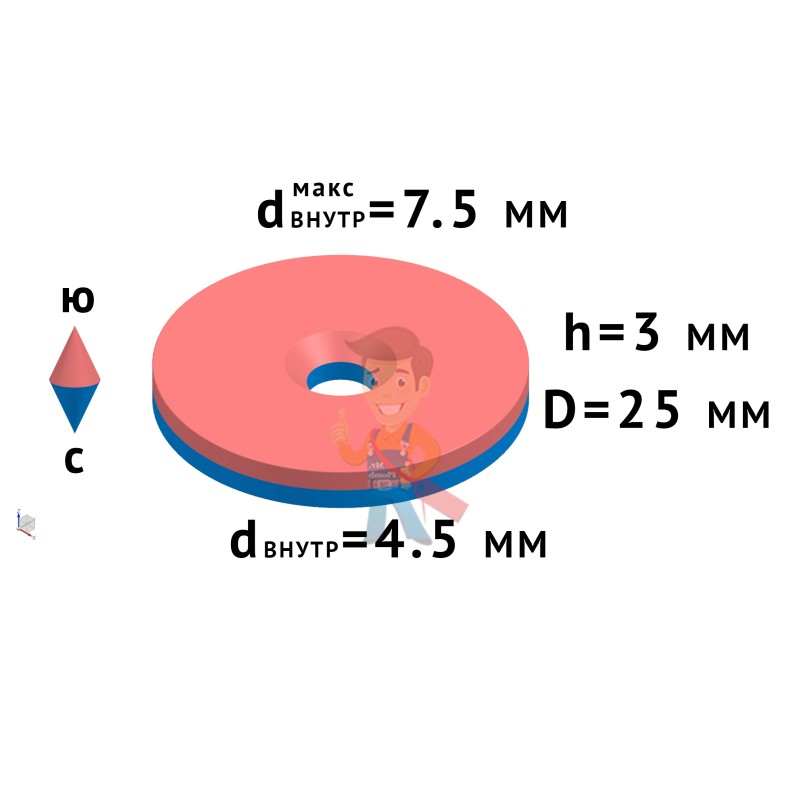 Неодимовый магнит диск 25х3 мм с зенковкой 4.5/7.5 мм - фото 3
