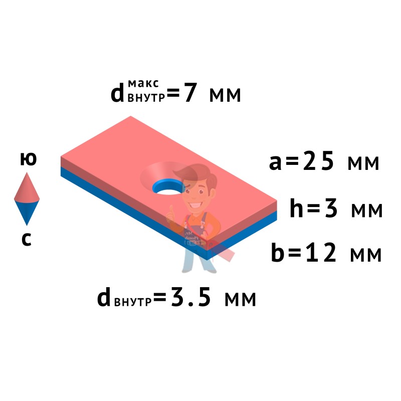 Неодимовый магнит прямоугольник 25х12х3 мм с зенковкой 3/7 мм - фото 4