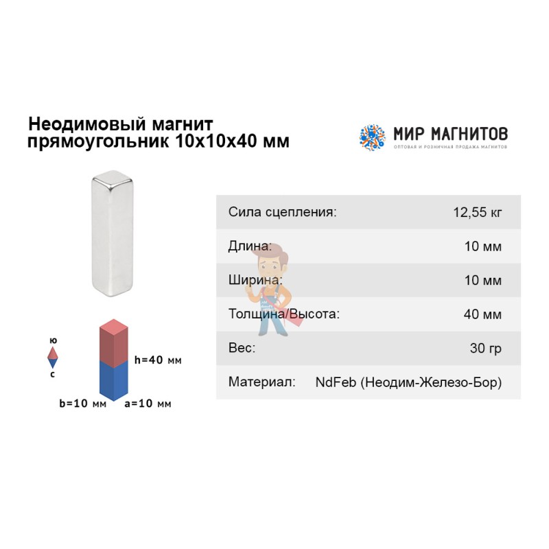 Неодимовый магнит прямоугольник 10х10х40 мм - фото 4