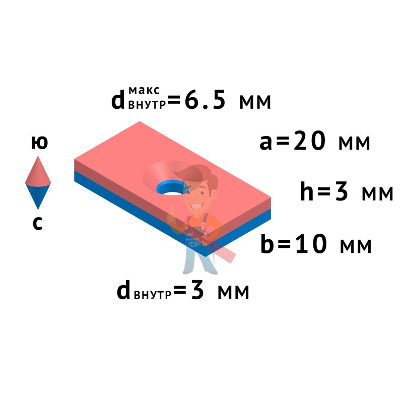 Неодимовый магнит прямоугольник 20х10х3 мм с зенковкой 3/6.5 мм - фото 3