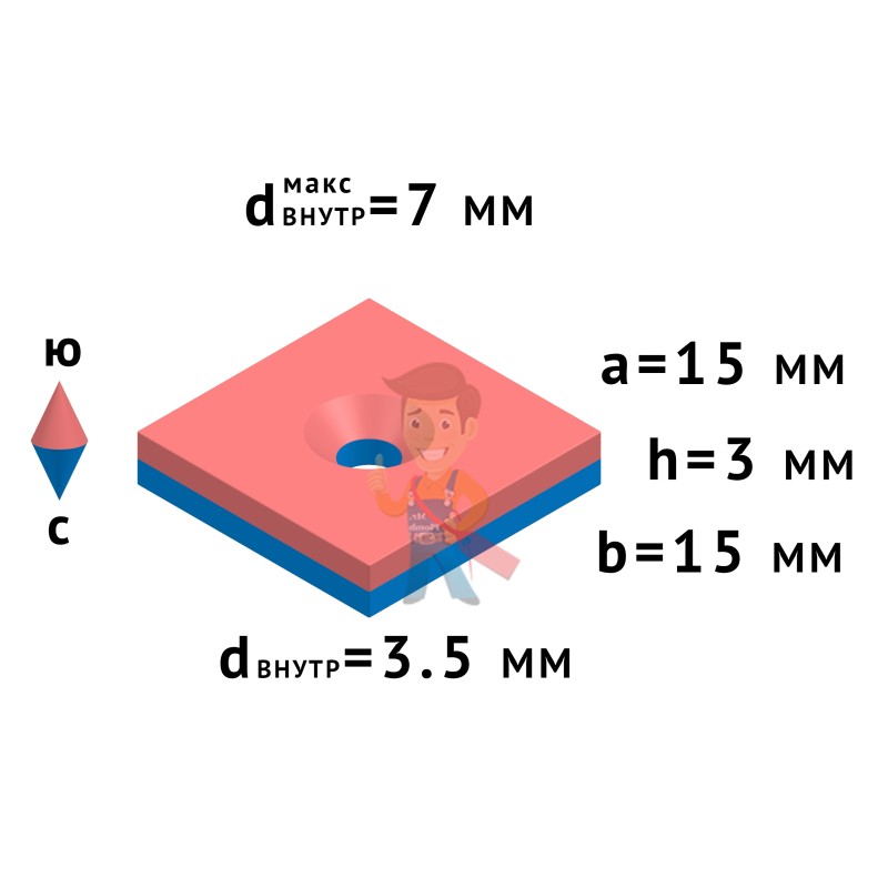 Неодимовый магнит прямоугольник 15х15х3 мм с зенковкой 3.5/7 мм - фото 3