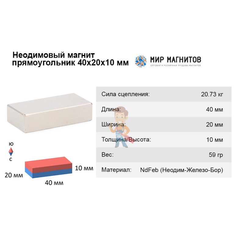 Неодимовый магнит прямоугольник 40х20х10 мм - фото 3